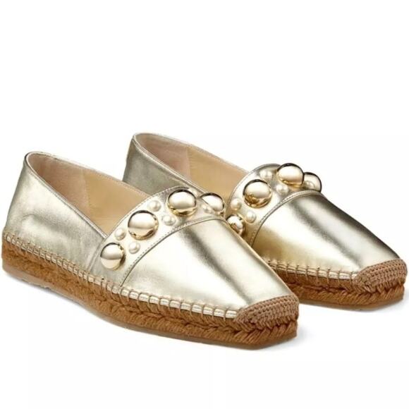 Jimmy Choo Dru Square Toe Stud Imitation Pearl Embellished Espadrille Flats 36/6 - Picture 3 of 11